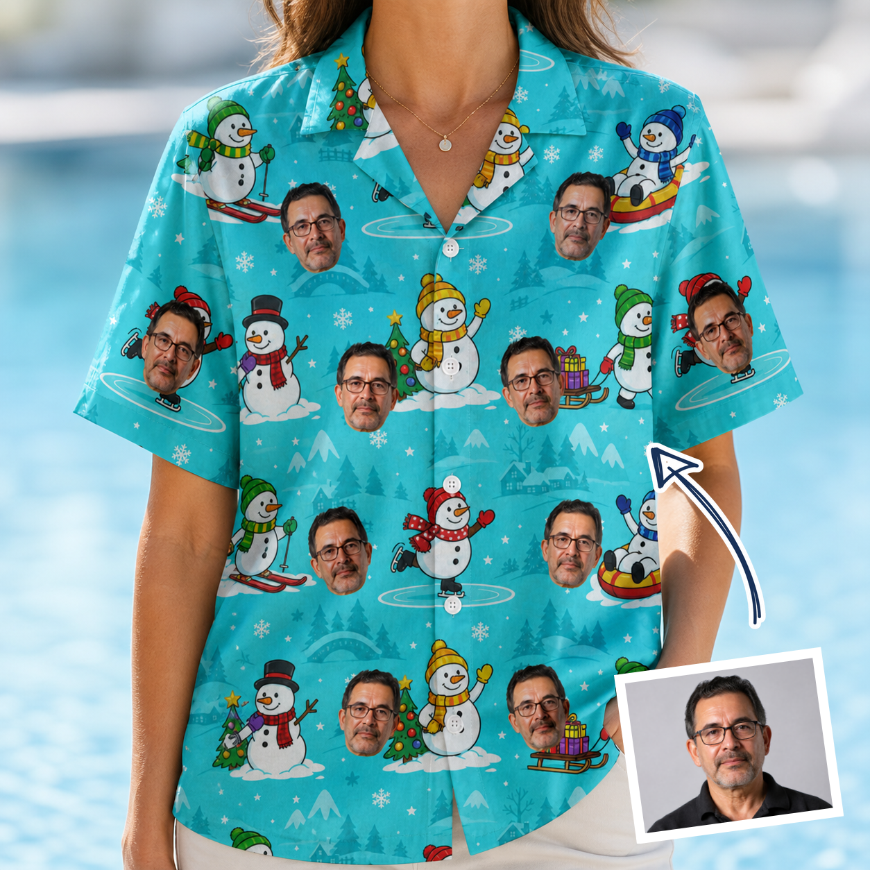 Woman wearing Women's Button Blizzard Custom Face Hawaiian Shirt — custom faces printed all-over
