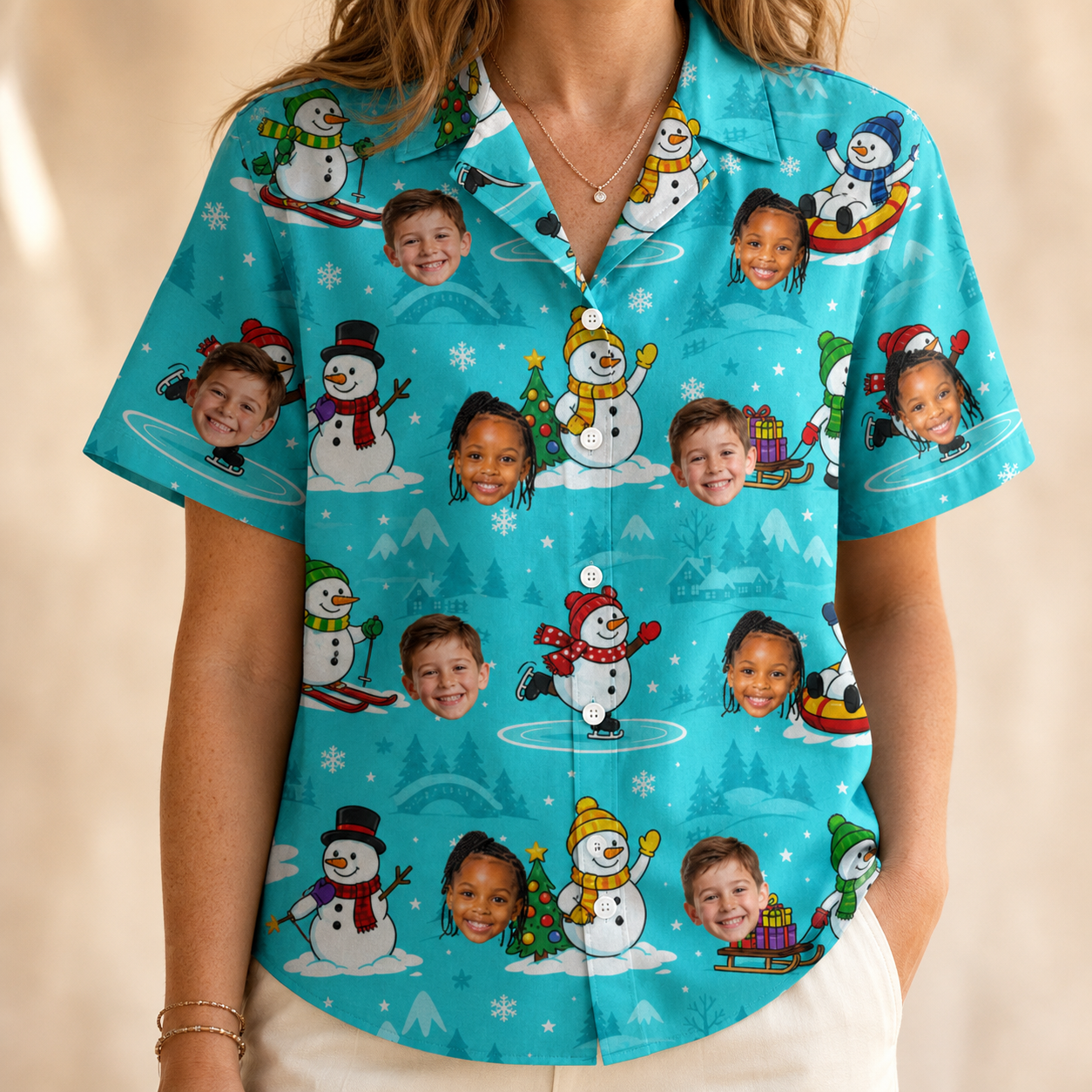 Model wearing Women's Button Blizzard Custom Face Hawaiian Shirt printed with kids' faces