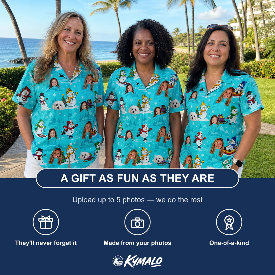 Friends in matching Women's Button Blizzard Custom Face Hawaiian Shirt — a group gift photo