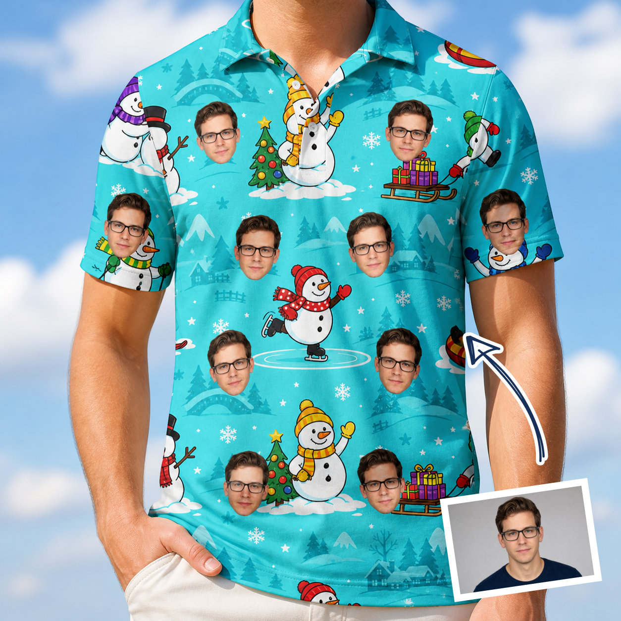 Man wearing Men's Button Blizzard Custom Face Polo Shirt — custom faces printed all-over
