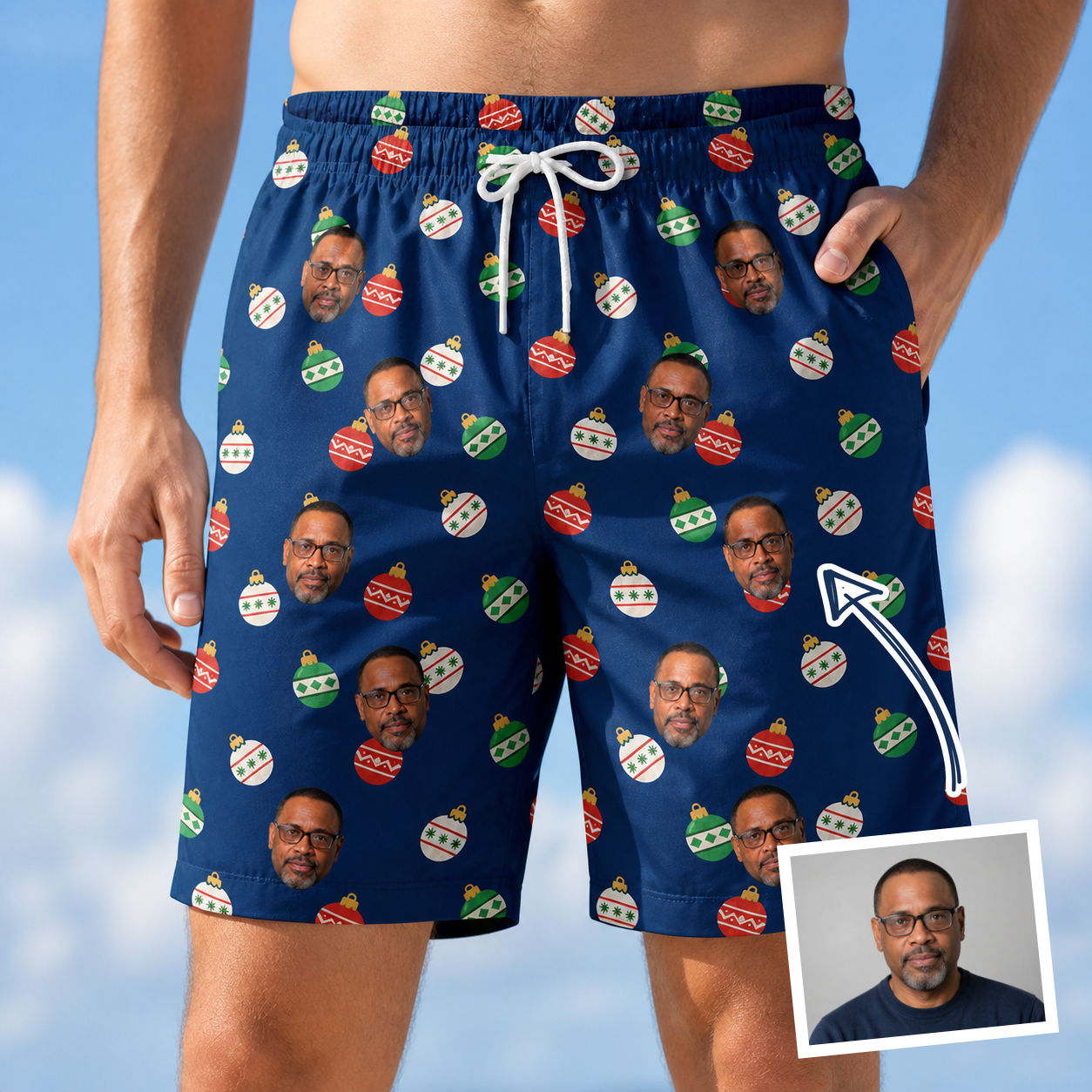 Man wearing Men's December Dangles Custom Face Beach Shorts — custom faces printed all-over