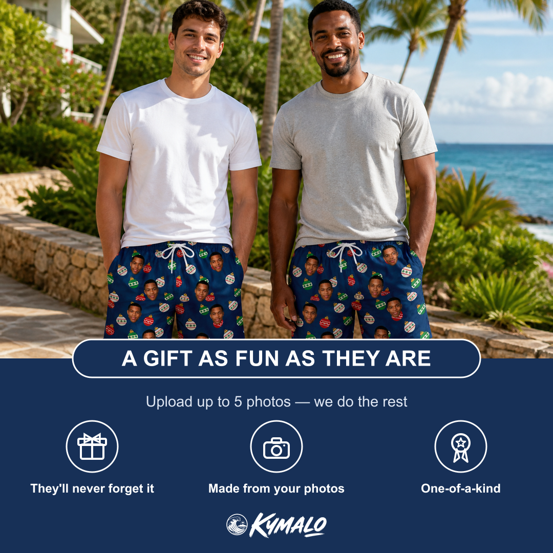 Friends in matching Men's December Dangles Custom Face Beach Shorts — a group gift photo