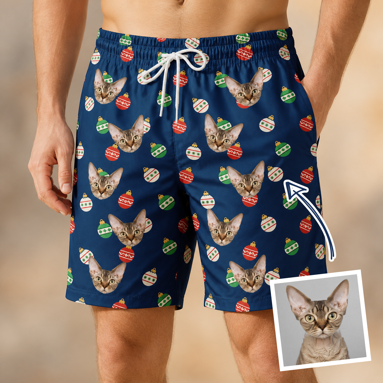 Man wearing Men's December Dangles Custom Cat Face Beach Shorts — custom faces printed all-over