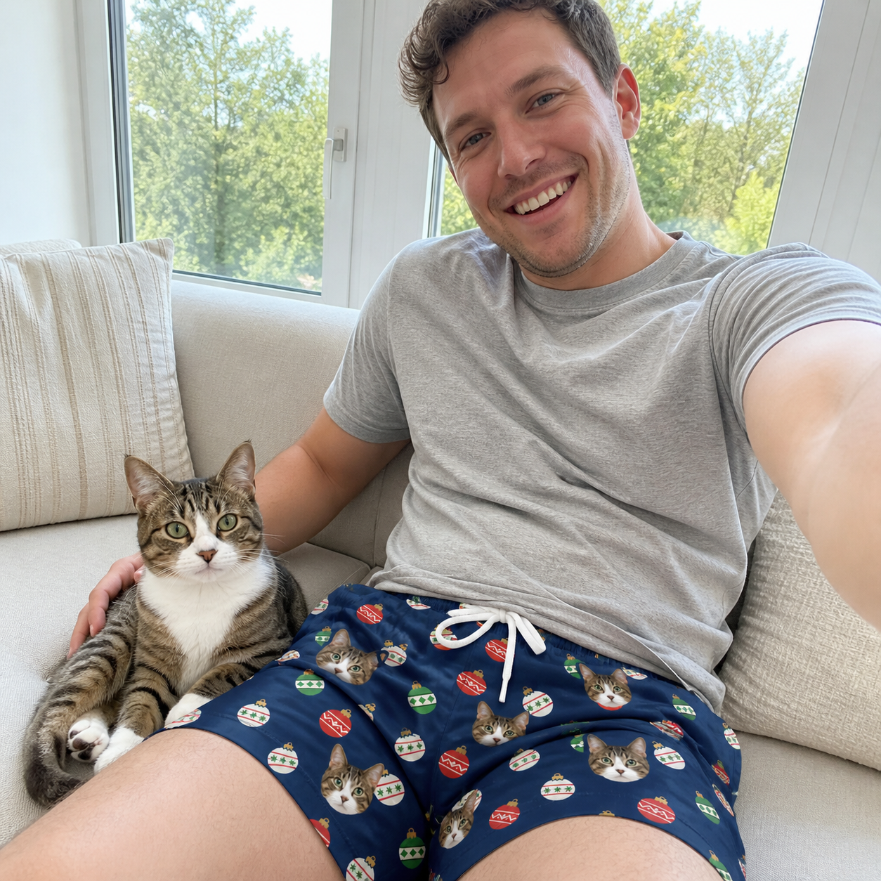 Selfie with the pet whose face is printed all over this Men's December Dangles Custom Cat Face Beach Shorts