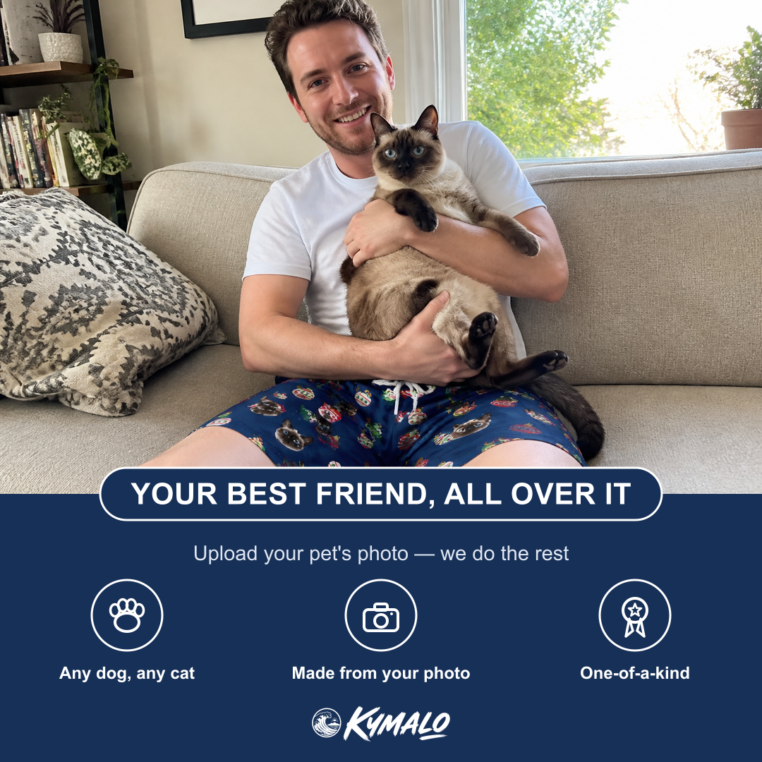 Friends in matching Men's December Dangles Custom Cat Face Beach Shorts — a group gift photo