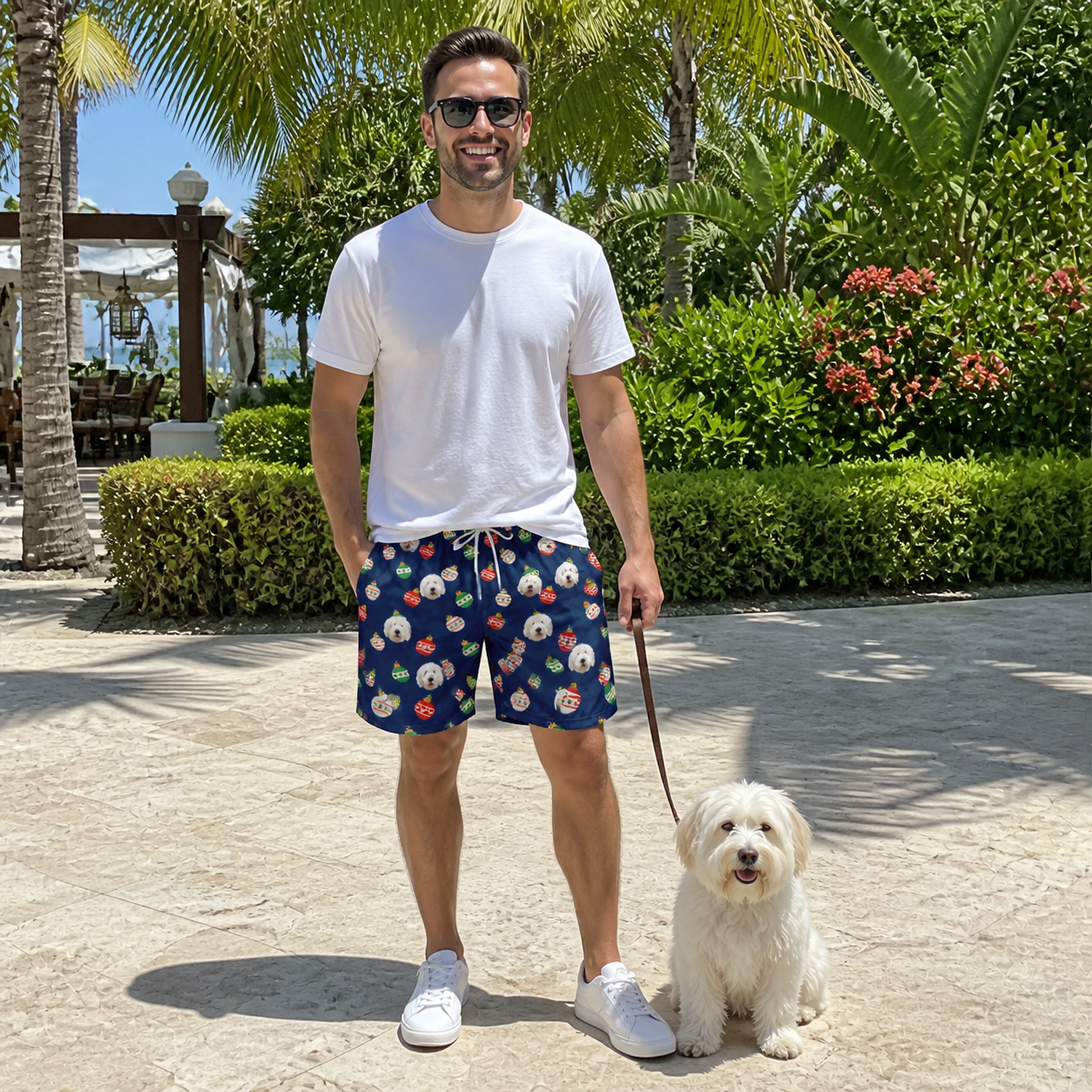 Full-length photo with the pet printed all over this Men's December Dangles Custom Dog Face Beach Shorts