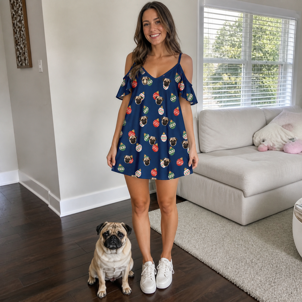 Full-length photo with the pet printed all over this Women's December Dangles Custom Dog Face Off-Shoulder Dress