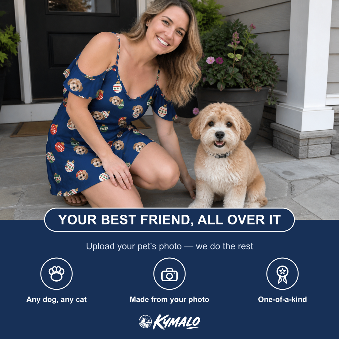 Friends in matching Women's December Dangles Custom Dog Face Off-Shoulder Dress — a group gift photo
