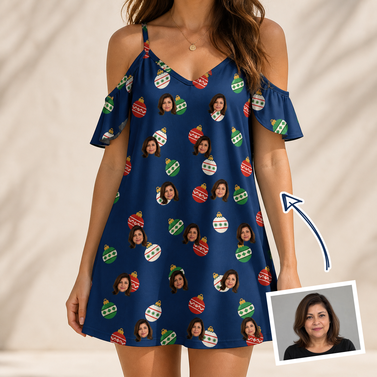 Woman wearing Women's December Dangles Custom Face Off-Shoulder Dress — custom faces printed all-over