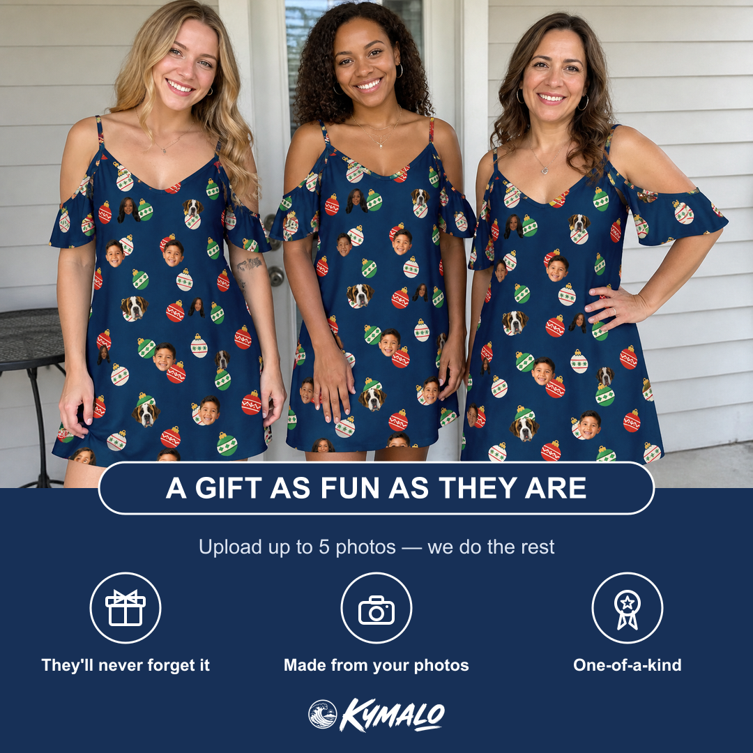 Friends in matching Women's December Dangles Custom Face Off-Shoulder Dress — a group gift photo