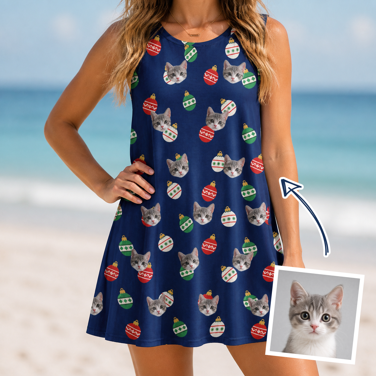 Woman wearing Women's December Dangles Custom Cat Face Tank Dress — custom faces printed all-over