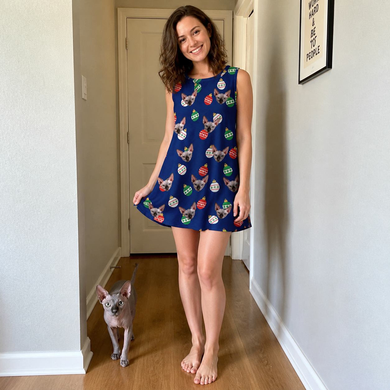 Full-length photo with the pet printed all over this Women's December Dangles Custom Cat Face Tank Dress