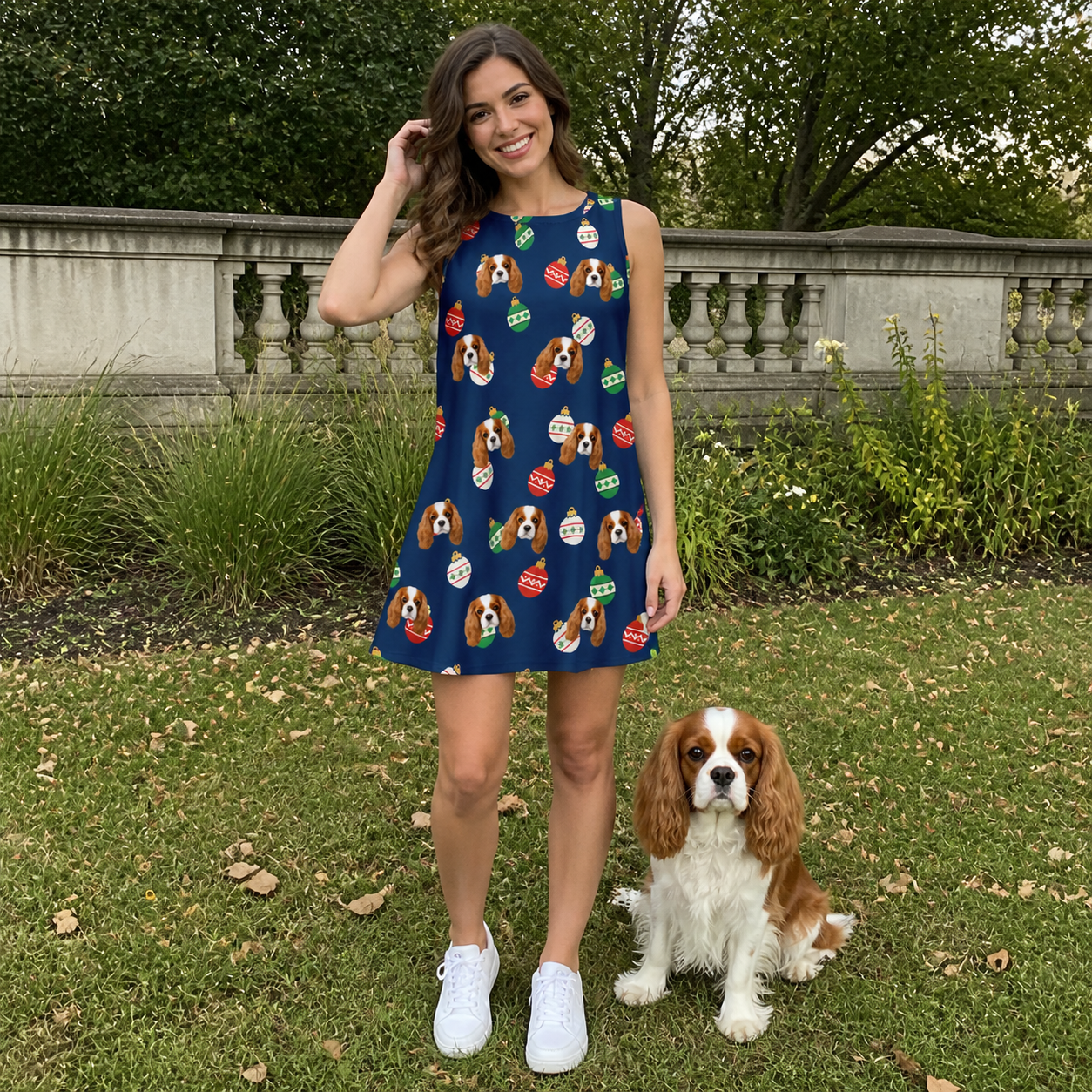 Full-length photo with the pet printed all over this Women's December Dangles Custom Dog Face Tank Dress