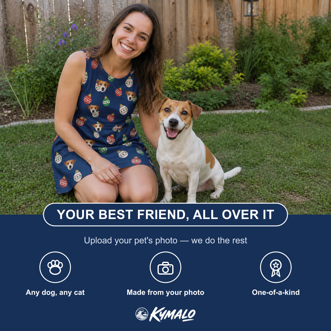 Friends in matching Women's December Dangles Custom Dog Face Tank Dress — a group gift photo