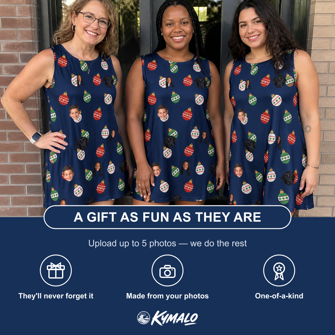 Friends in matching Women's December Dangles Custom Face Tank Dress — a group gift photo