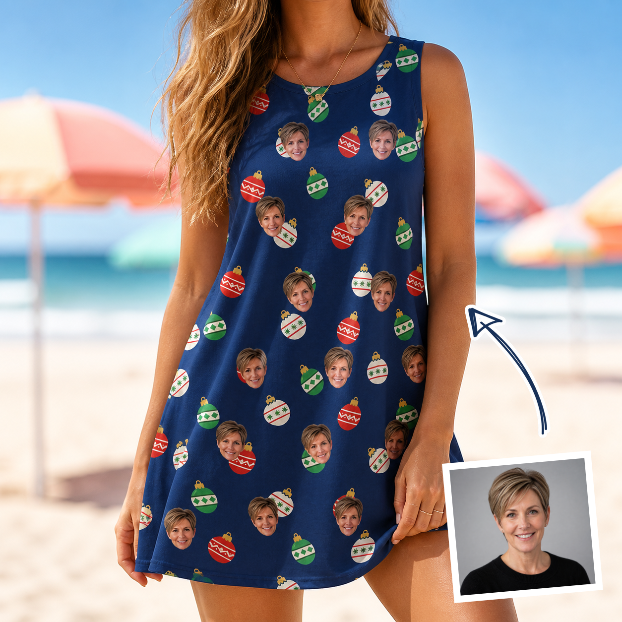Woman wearing Women's December Dangles Custom Face Tank Dress — custom faces printed all-over