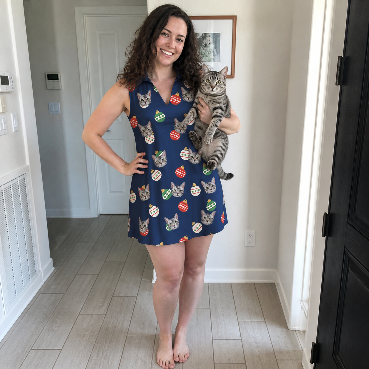 Full-length photo with the pet printed all over this Women's December Dangles Custom Cat Face V-Neck Dress