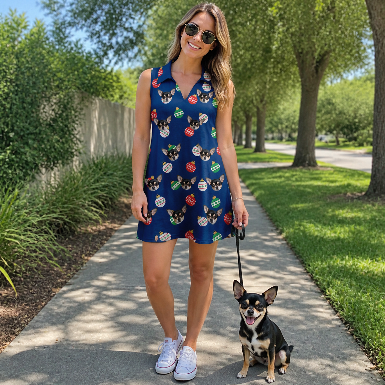 Full-length photo with the pet printed all over this Women's December Dangles Custom Dog Face V-Neck Dress