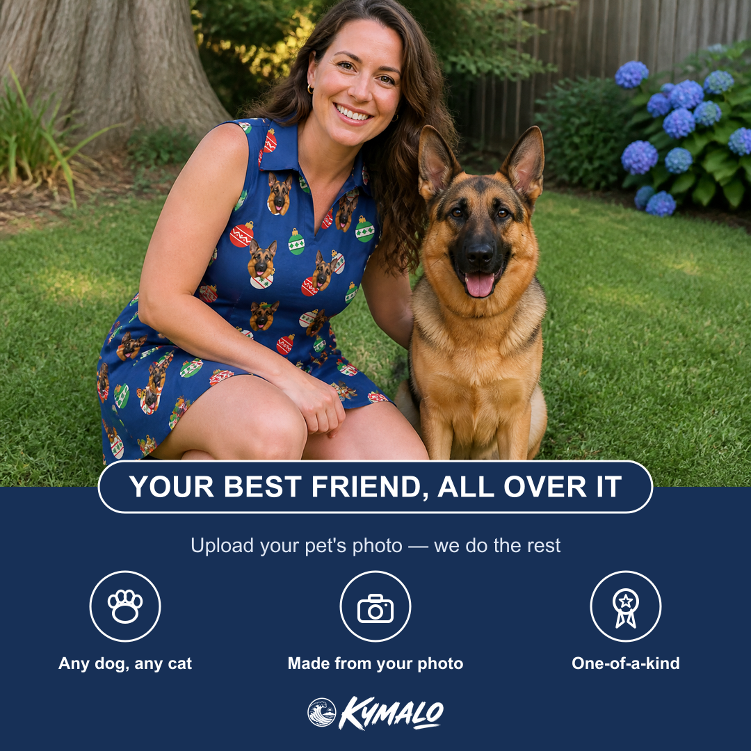 Friends in matching Women's December Dangles Custom Dog Face V-Neck Dress — a group gift photo