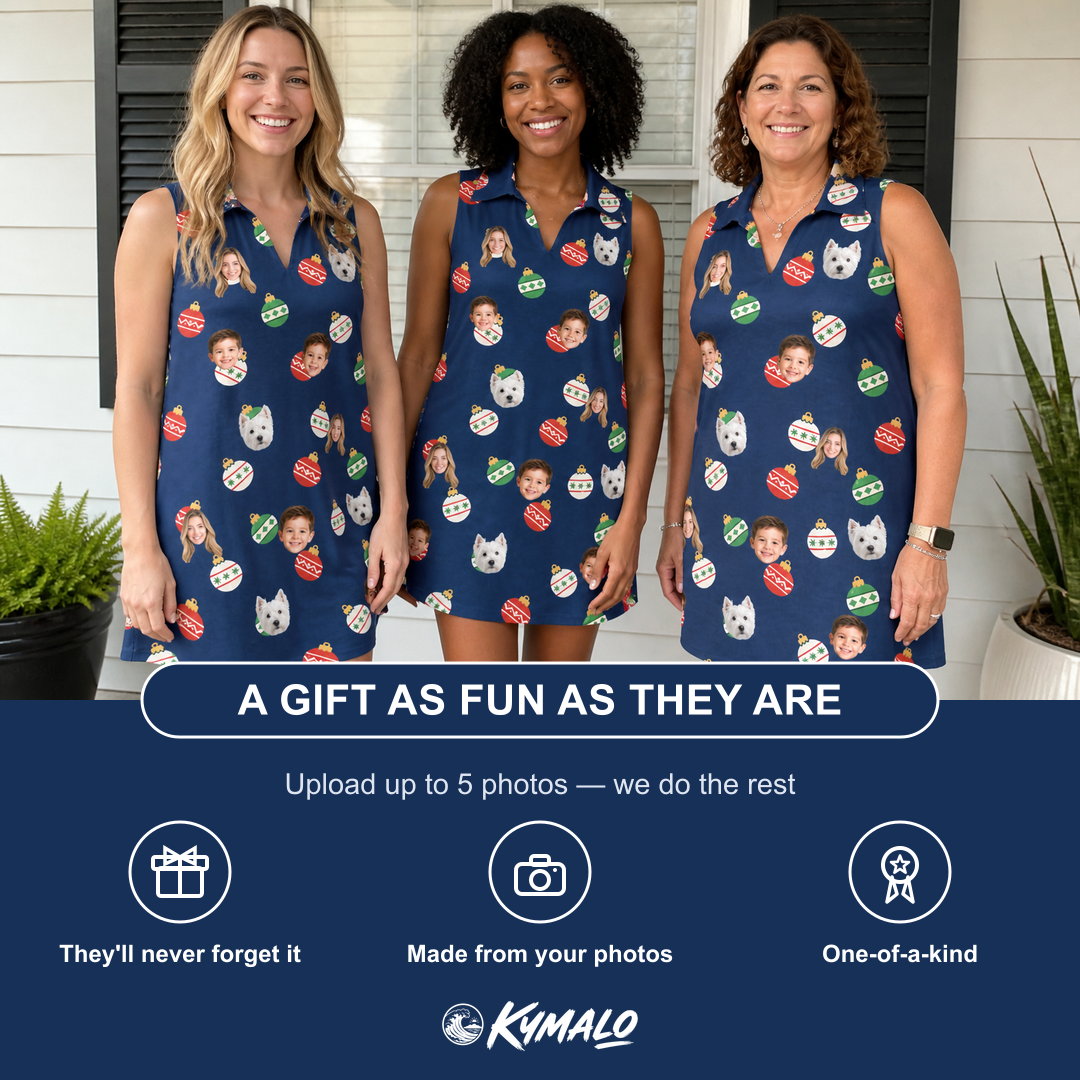 Friends in matching Women's December Dangles Custom Face V-Neck Dress — a group gift photo