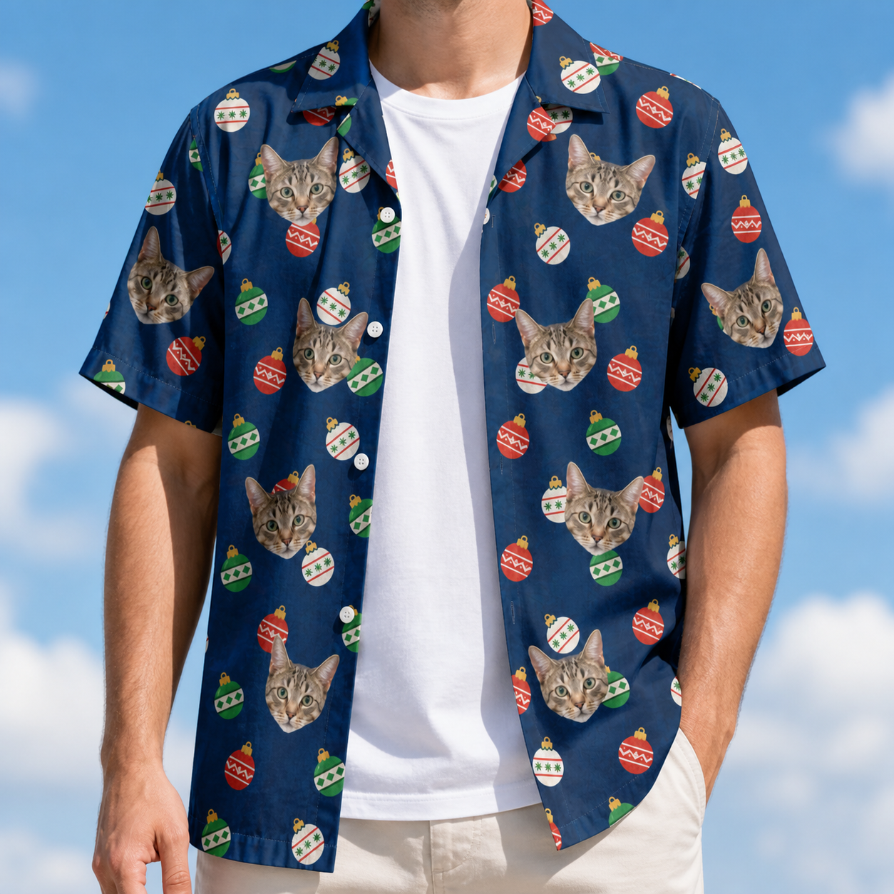 Man wearing Men's December Dangles Custom Cat Face Hawaiian Shirt open over a white tee