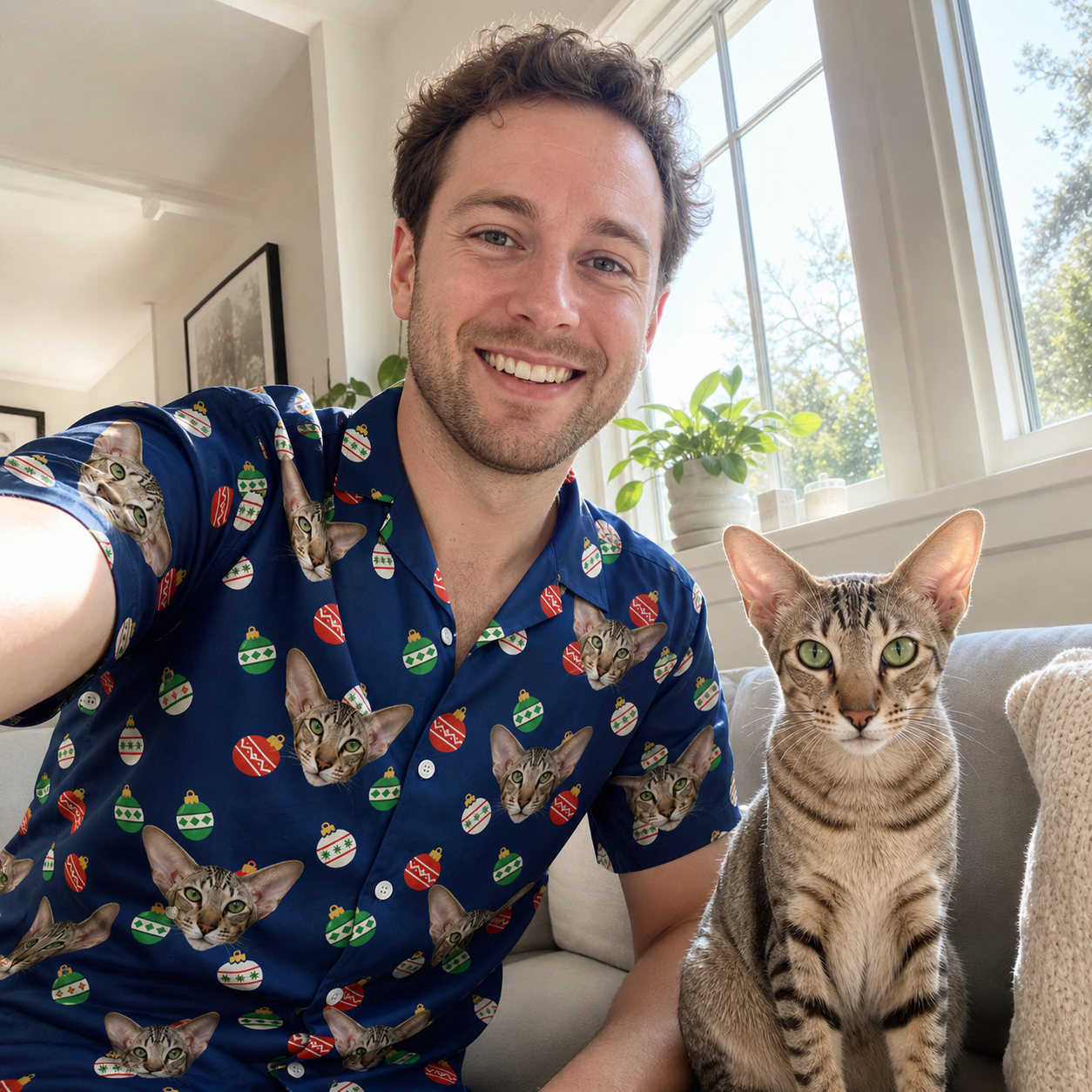 Selfie with the pet whose face is printed all over this Men's December Dangles Custom Cat Face Hawaiian Shirt