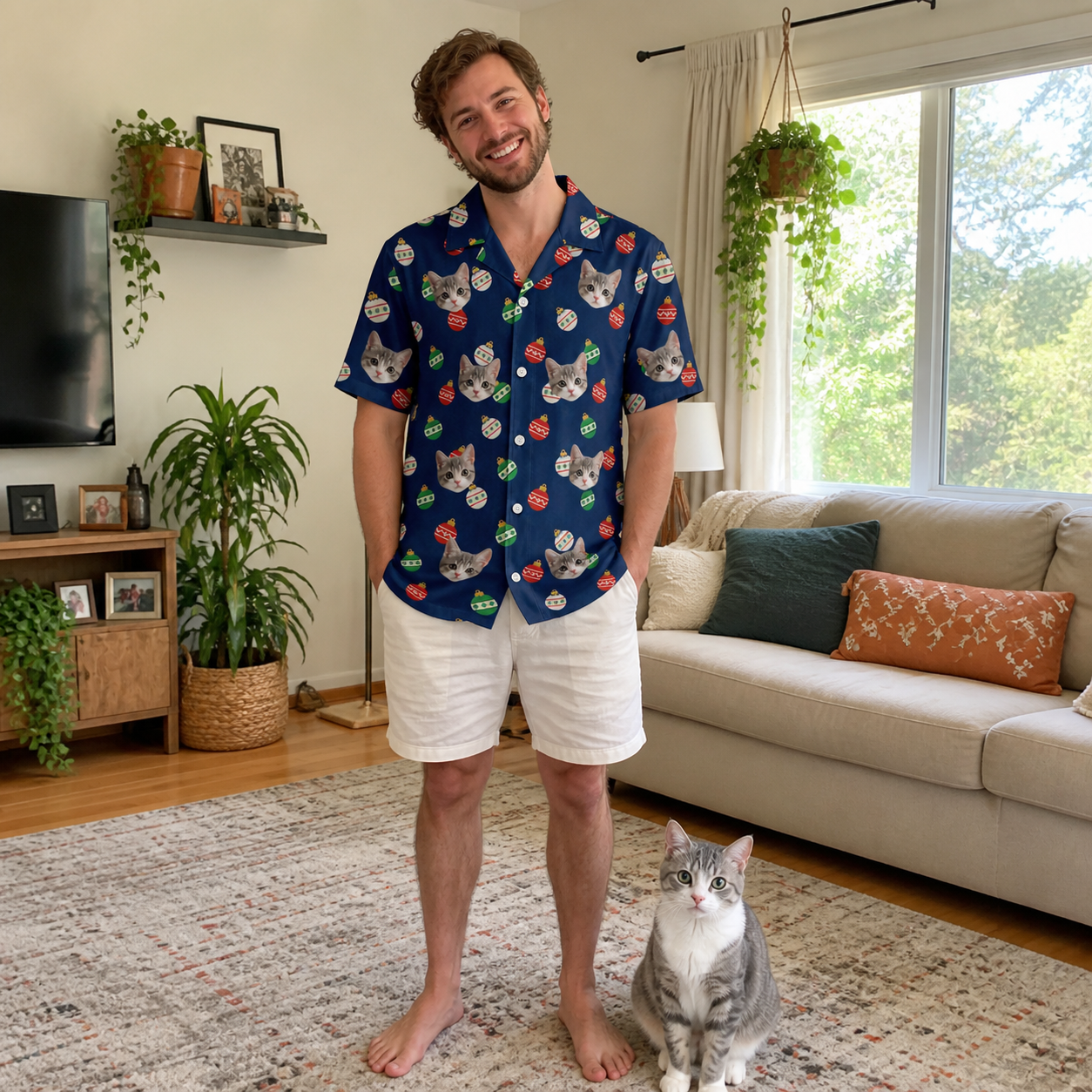 Full-length photo with the pet printed all over this Men's December Dangles Custom Cat Face Hawaiian Shirt
