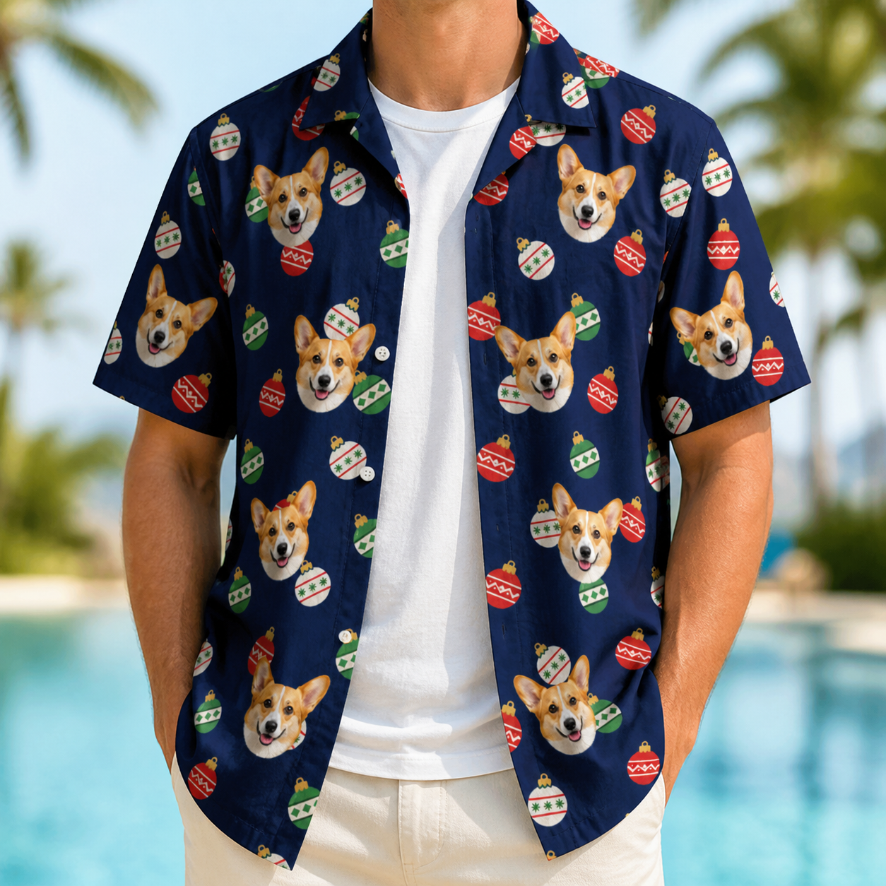 Man wearing Men's December Dangles Custom Dog Face Hawaiian Shirt open over a white tee
