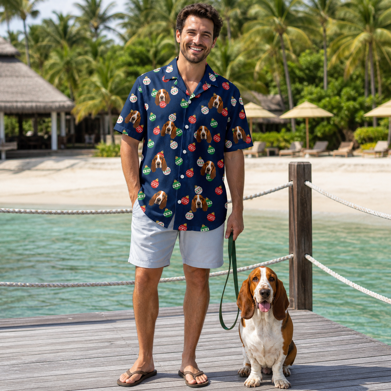 Full-length photo with the pet printed all over this Men's December Dangles Custom Dog Face Hawaiian Shirt