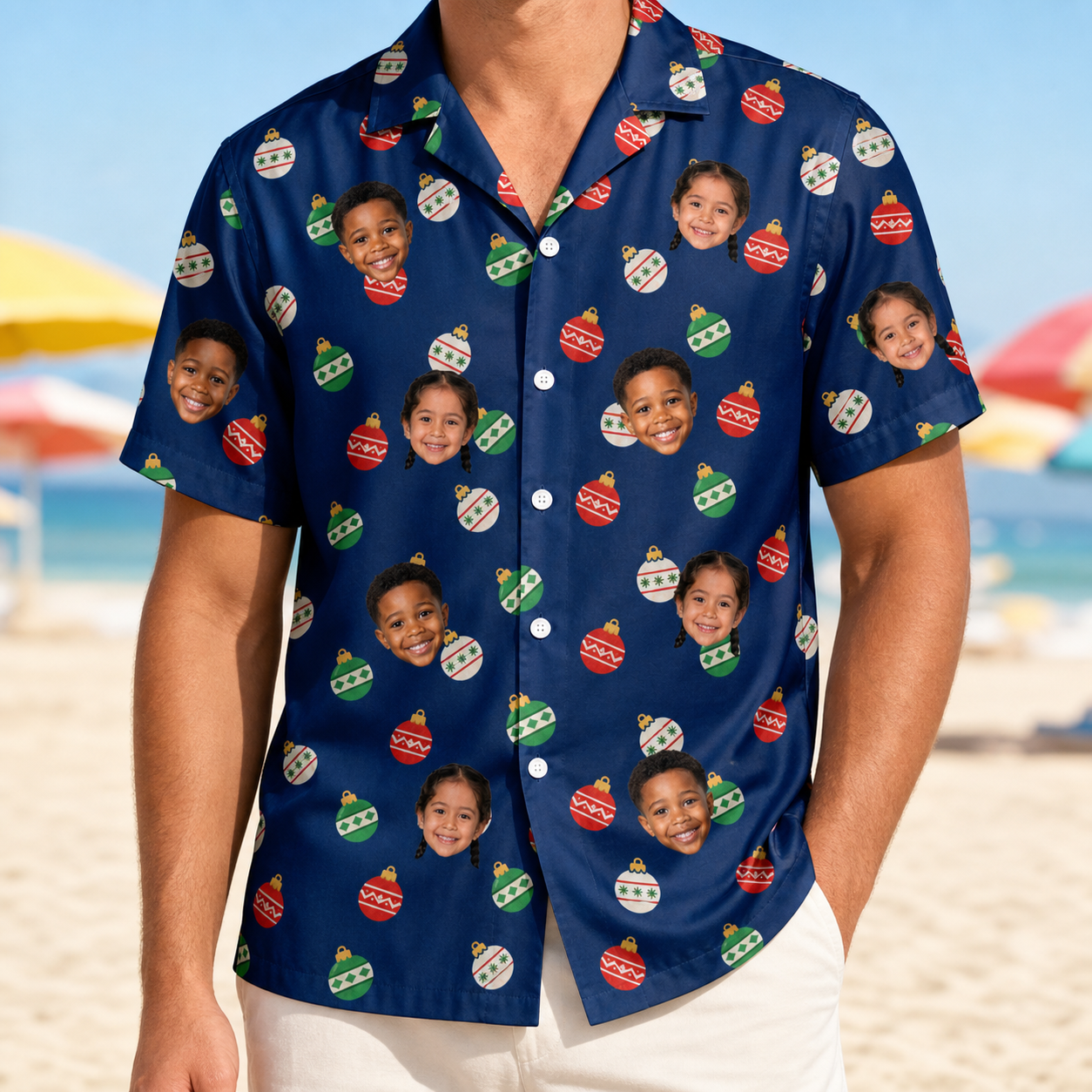 Model wearing Men's December Dangles Custom Face Hawaiian Shirt printed with kids' faces