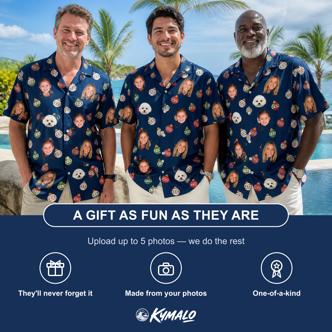 Friends in matching Men's December Dangles Custom Face Hawaiian Shirt — a group gift photo