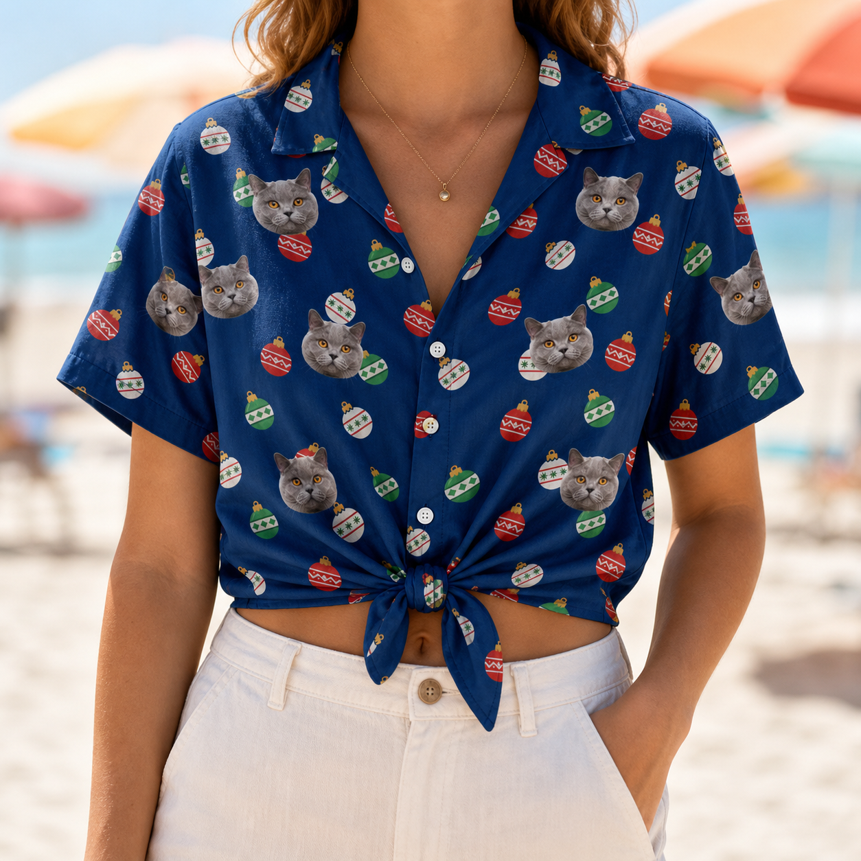 Woman wearing Women's December Dangles Custom Cat Face Hawaiian Shirt tied at the waist