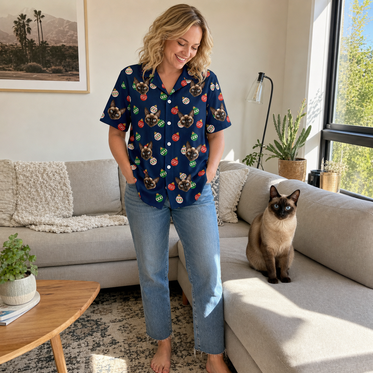 Full-length photo with the pet printed all over this Women's December Dangles Custom Cat Face Hawaiian Shirt