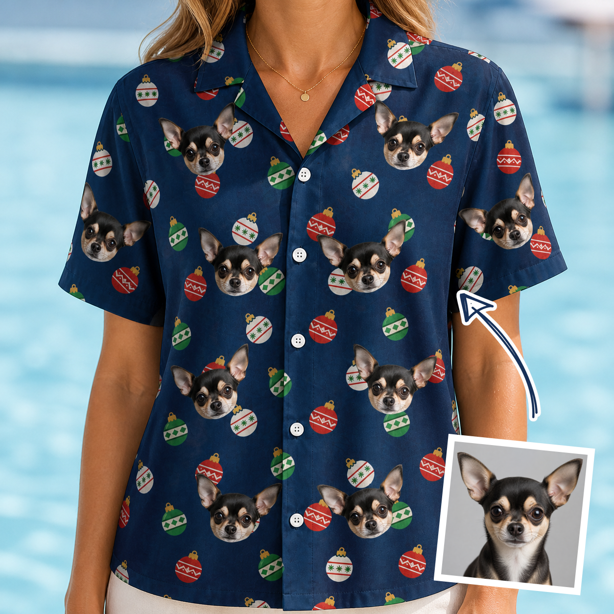 Woman wearing Women's December Dangles Custom Dog Face Hawaiian Shirt — custom faces printed all-over