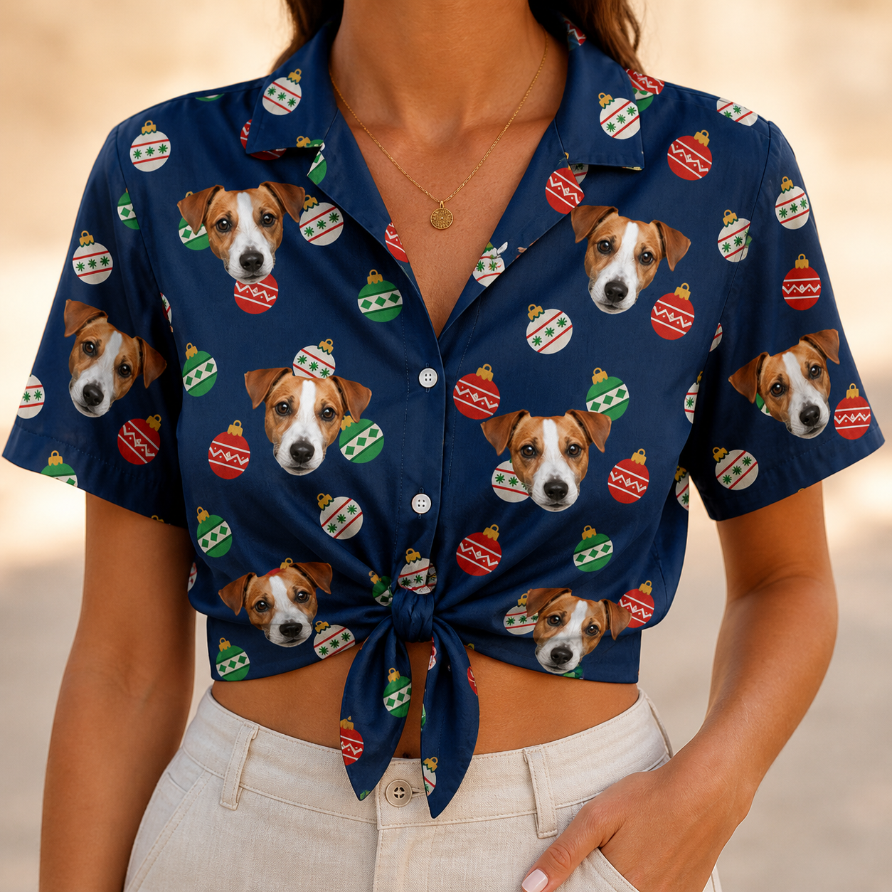 Woman wearing Women's December Dangles Custom Dog Face Hawaiian Shirt tied at the waist