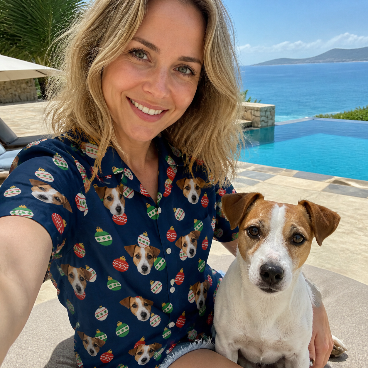 Selfie with the pet whose face is printed all over this Women's December Dangles Custom Dog Face Hawaiian Shirt