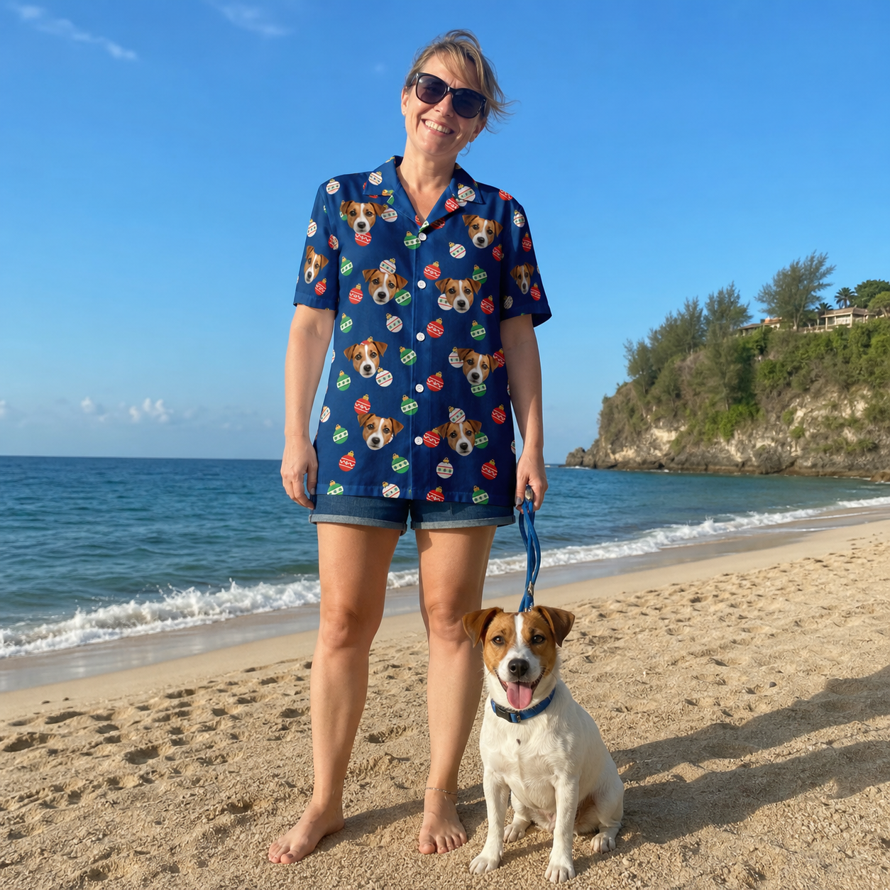 Full-length photo with the pet printed all over this Women's December Dangles Custom Dog Face Hawaiian Shirt