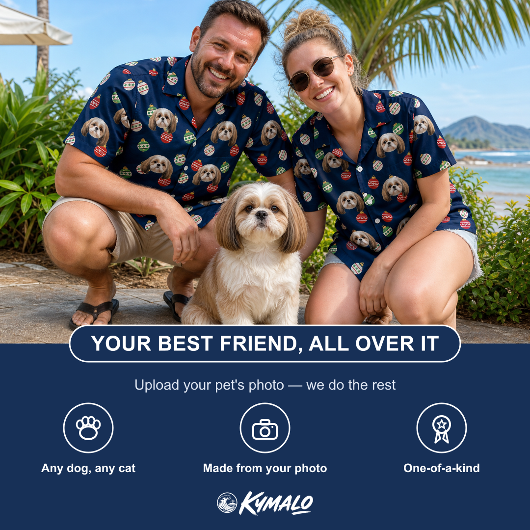 Friends in matching Women's December Dangles Custom Dog Face Hawaiian Shirt — a group gift photo
