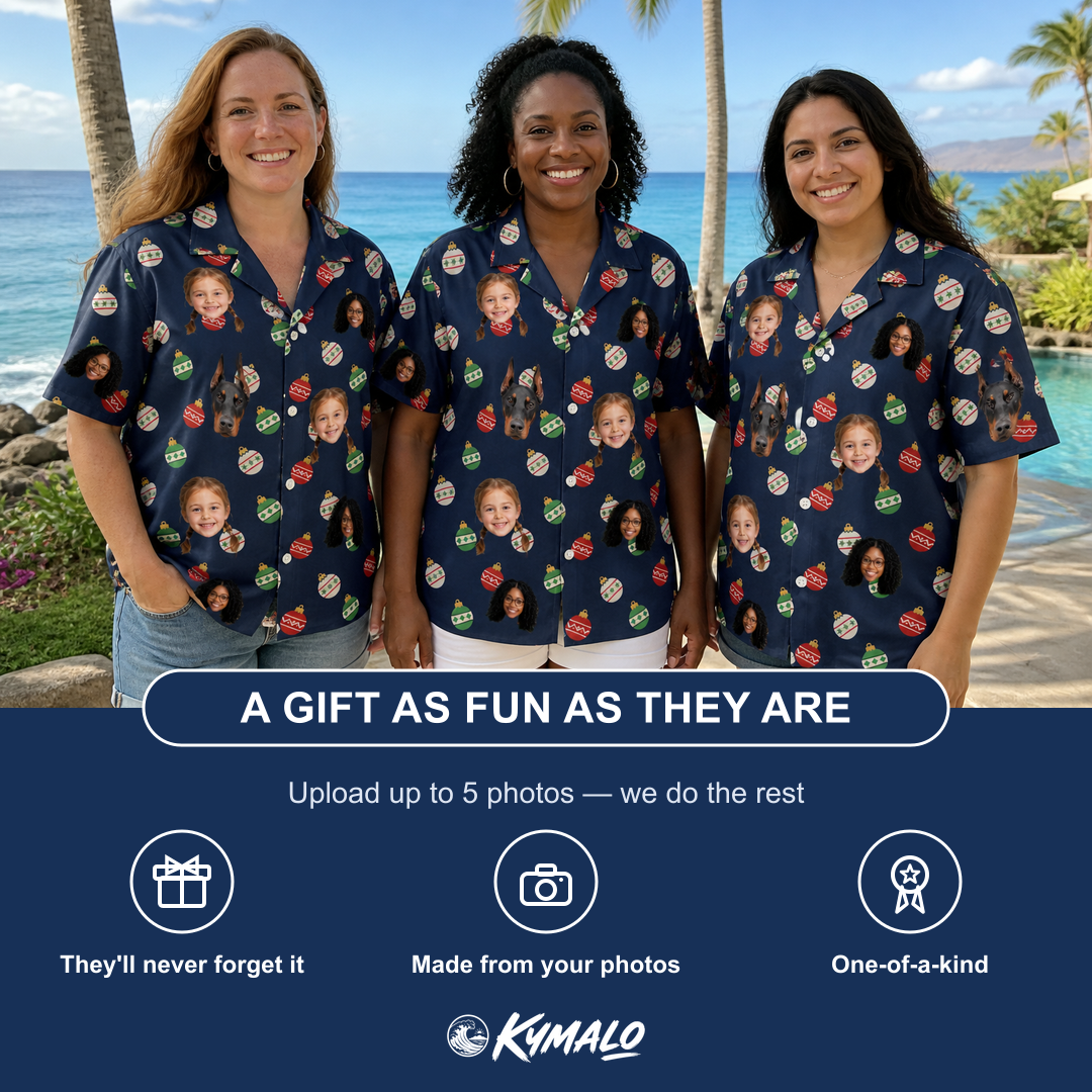 Friends in matching Women's December Dangles Custom Face Hawaiian Shirt — a group gift photo