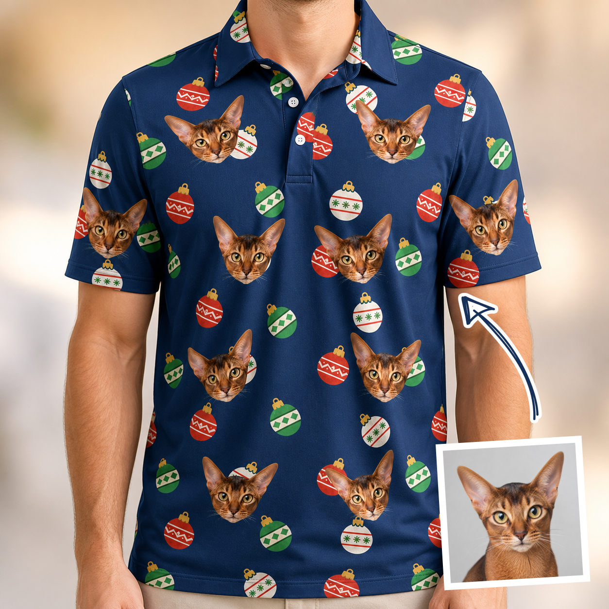 Man wearing Men's December Dangles Custom Cat Face Polo Shirt — custom faces printed all-over