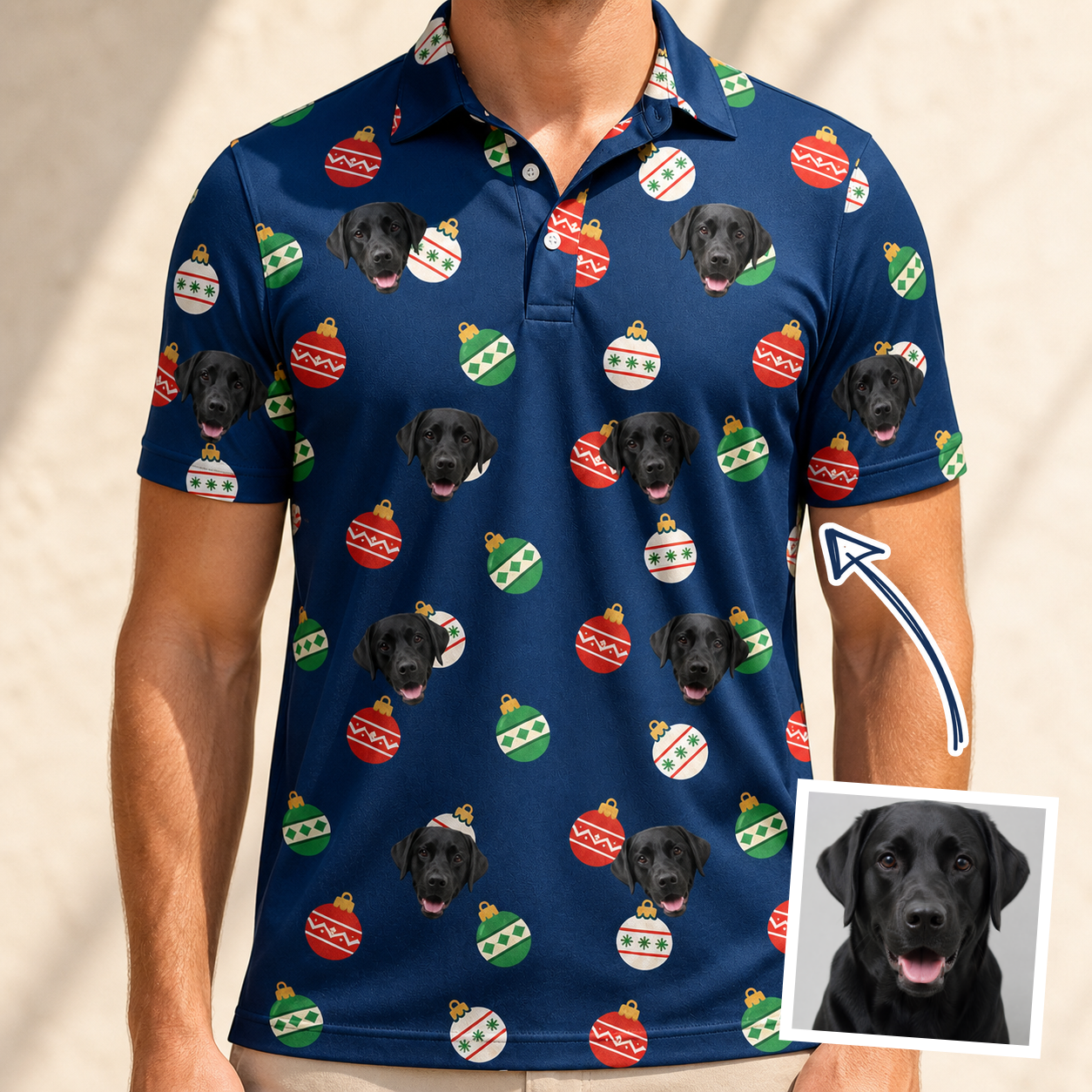 Man wearing Men's December Dangles Custom Dog Face Polo Shirt — custom faces printed all-over