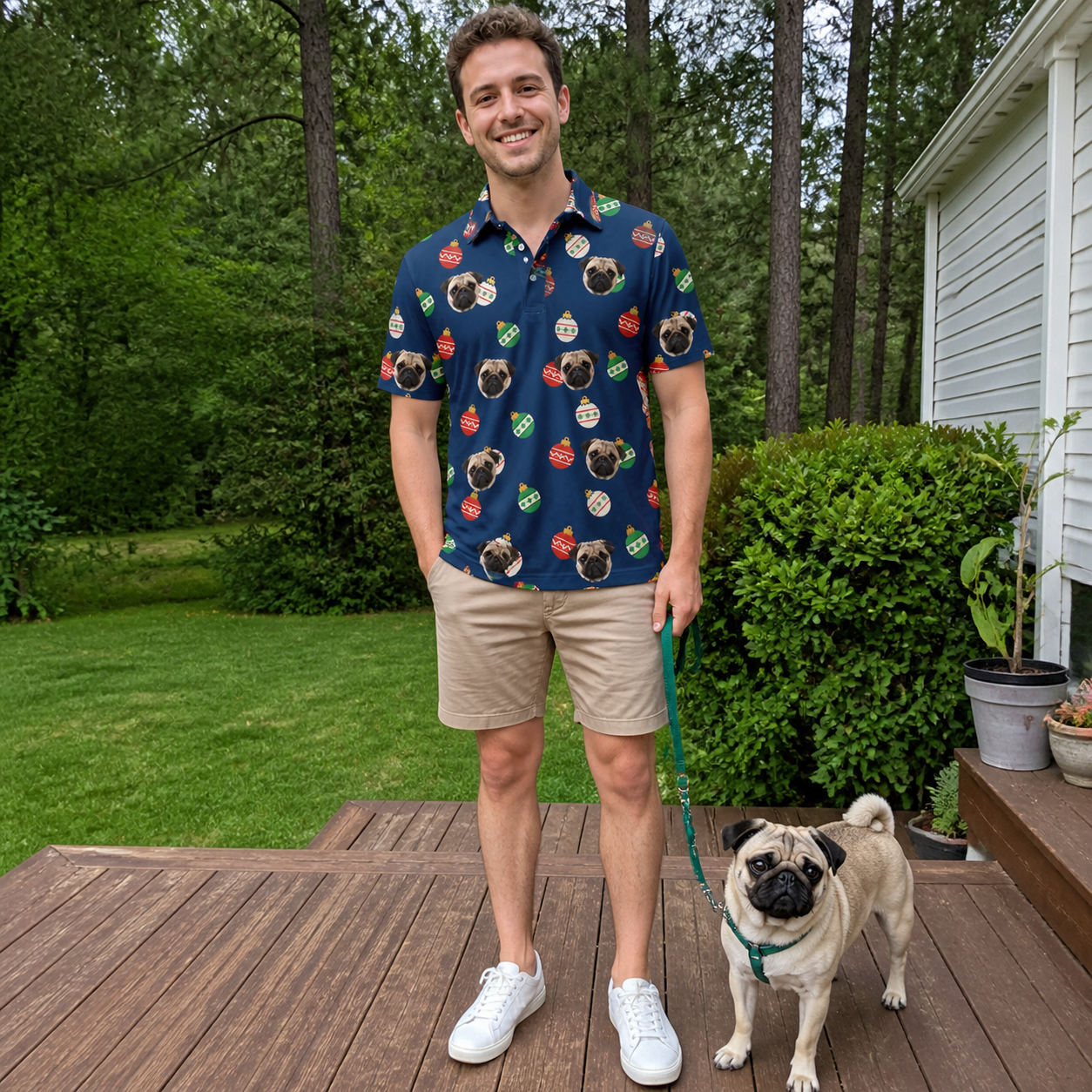 Full-length photo with the pet printed all over this Men's December Dangles Custom Dog Face Polo Shirt