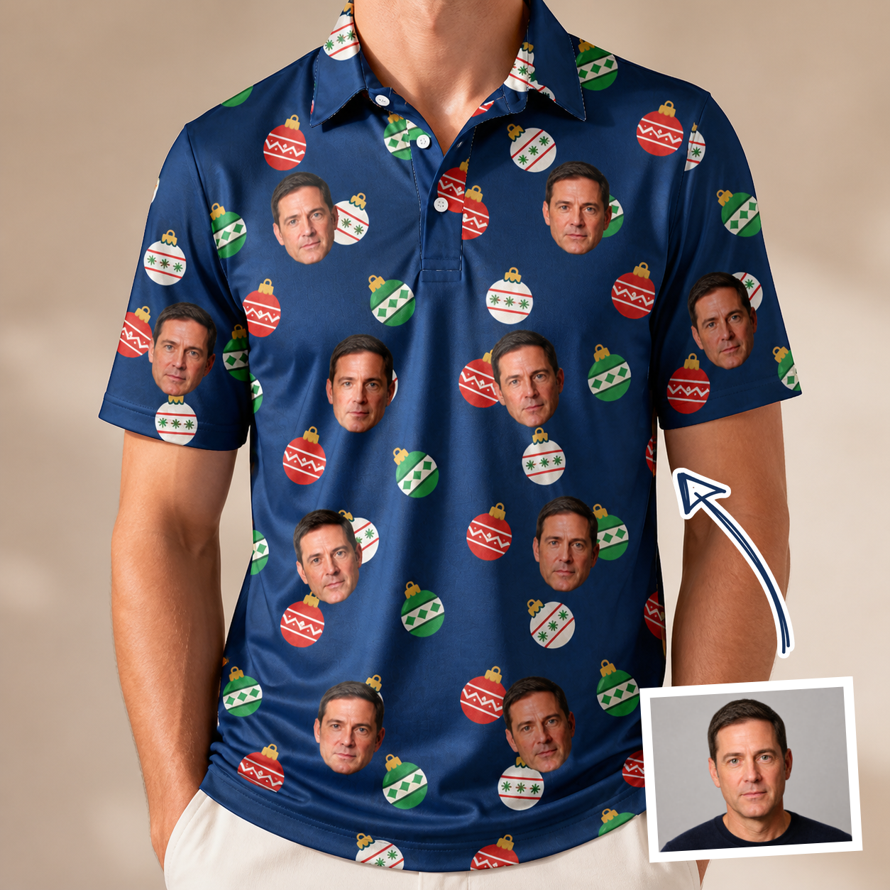 Man wearing Men's December Dangles Custom Face Polo Shirt — custom faces printed all-over