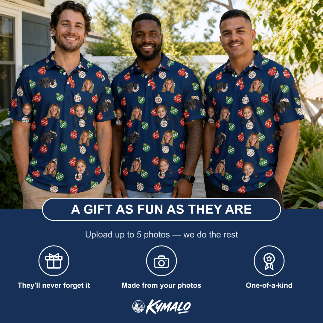 Friends in matching Men's December Dangles Custom Face Polo Shirt — a group gift photo