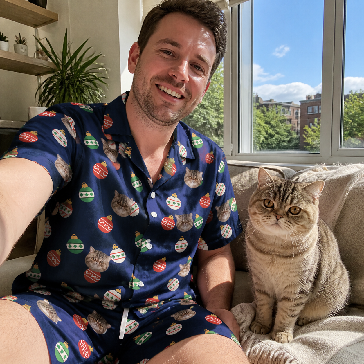 Selfie with the pet whose face is printed all over this Men's December Dangles Custom Cat Face Shirt & Shorts Set