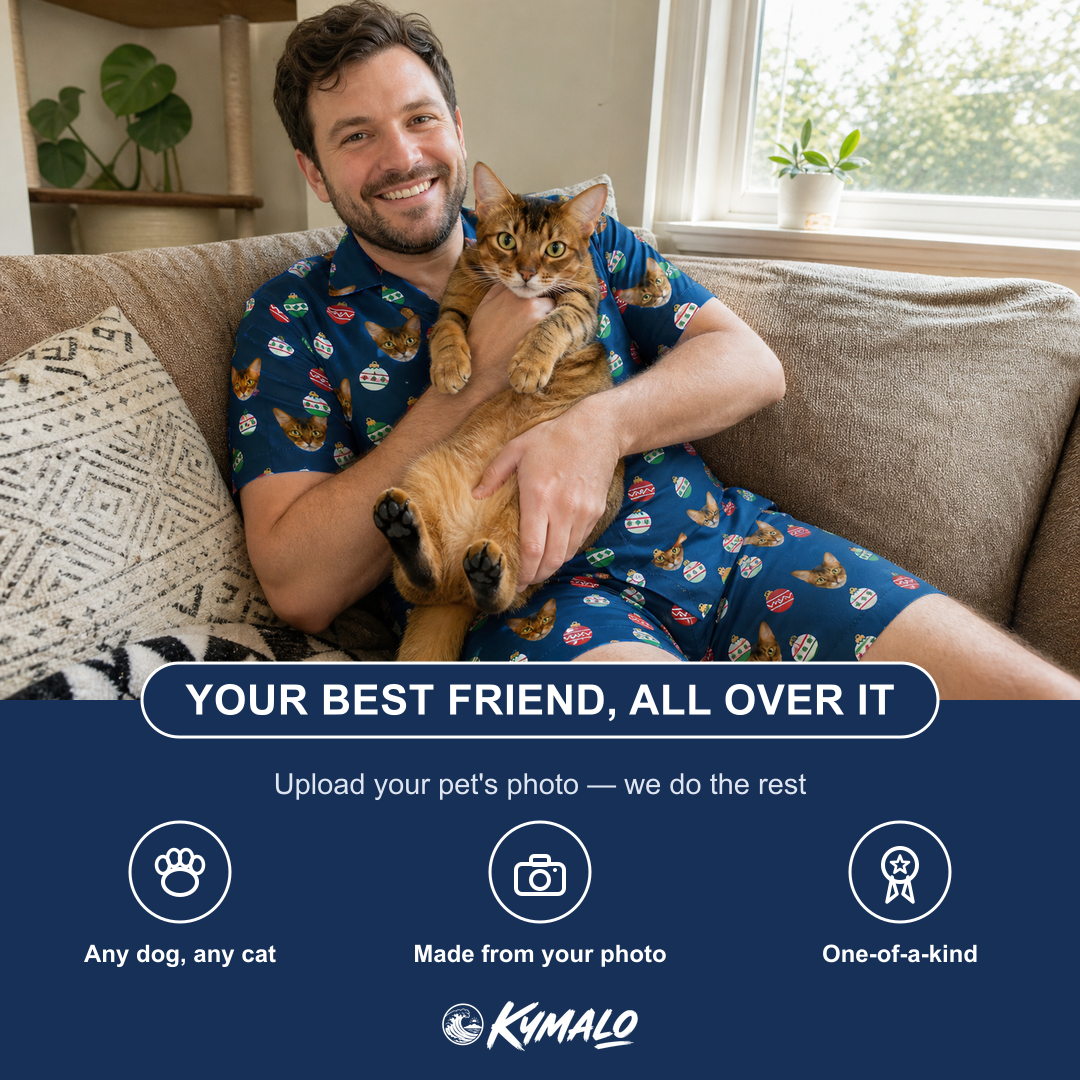 Friends in matching Men's December Dangles Custom Cat Face Shirt & Shorts Set — a group gift photo