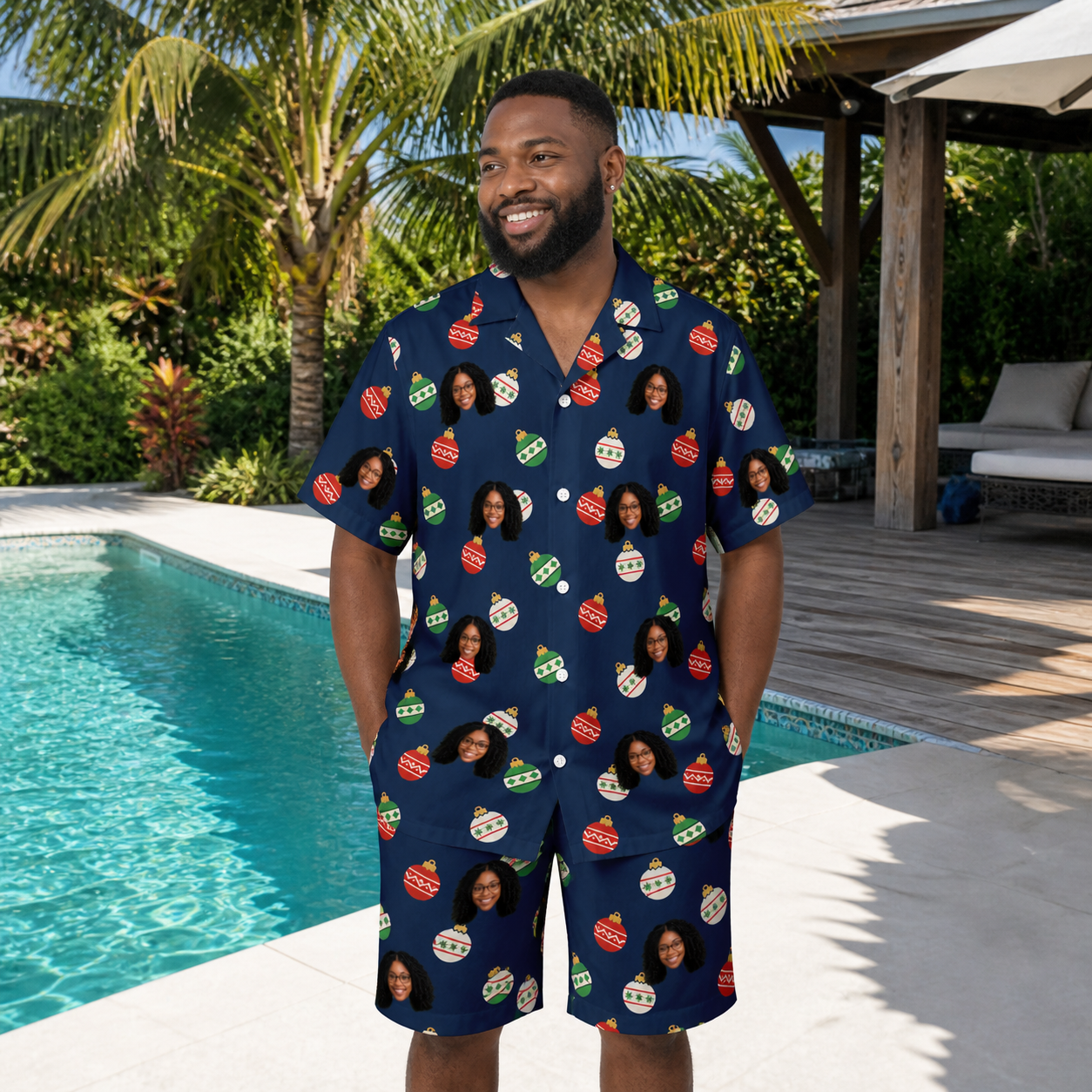 Real-life photo of someone wearing Men's December Dangles Custom Face Shirt & Shorts Set — custom faces printed all-over