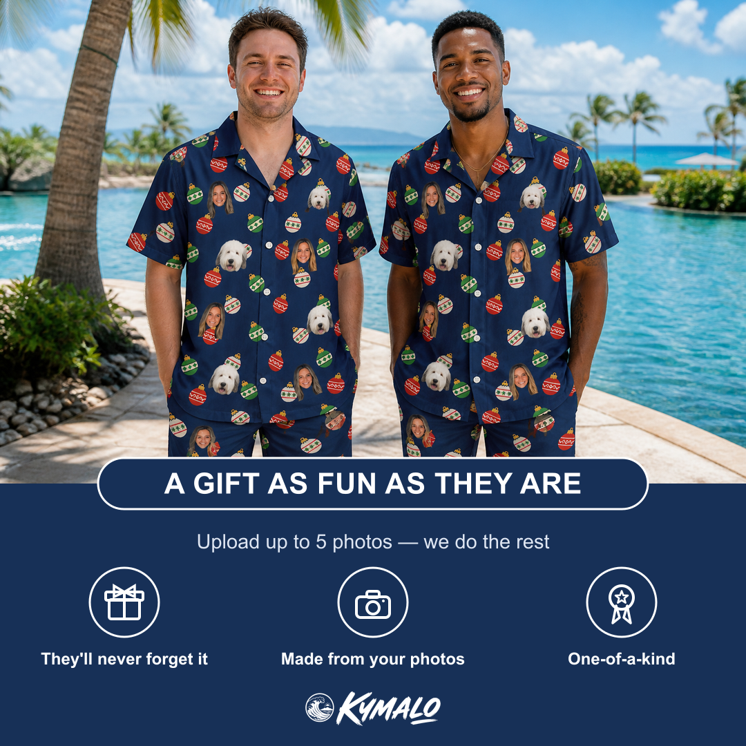 Friends in matching Men's December Dangles Custom Face Shirt & Shorts Set — a group gift photo