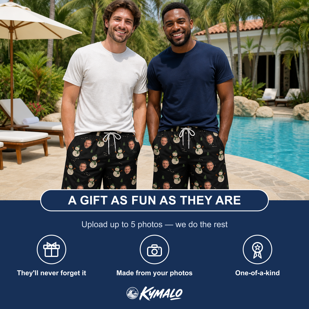 Friends in matching Men's Carrot Crooners Custom Face Beach Shorts — a group gift photo