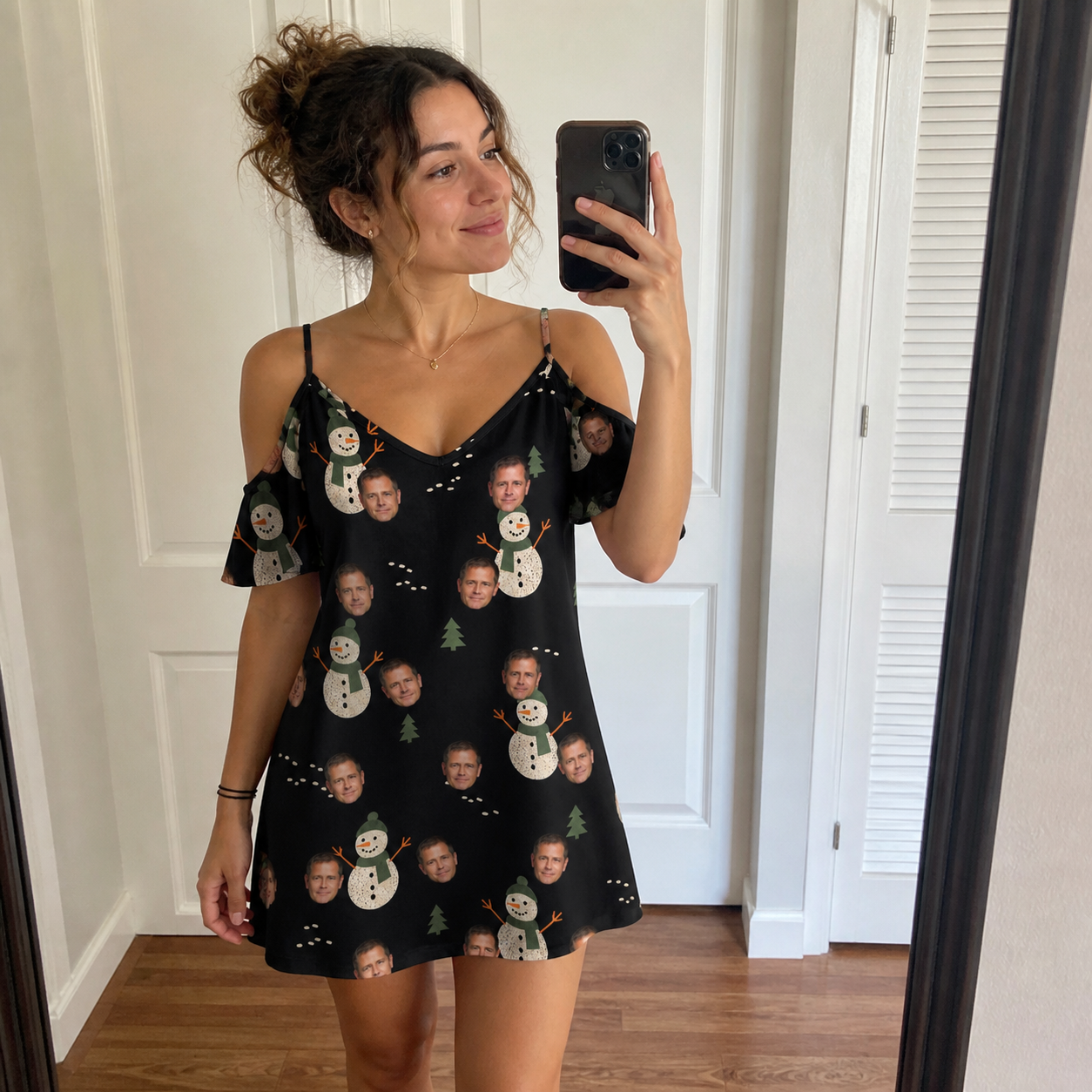 Real-life photo of someone wearing Women's Carrot Crooners Custom Face Off-Shoulder Dress — custom faces printed all-over